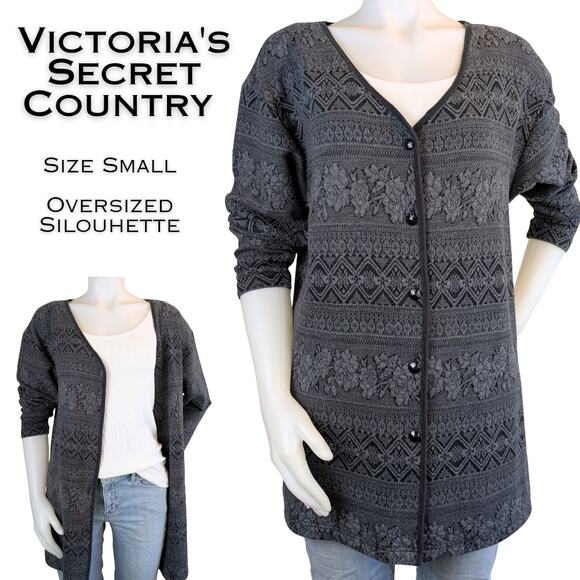 Victorias Secret Country VTG 90s Cardigan Small Oversized Gray Floral Geometric - Picture 1 of 9